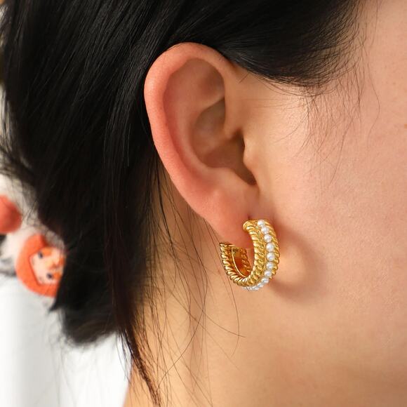 Pearl Vintage Woven C-Shape‎ Hoop Earrings 18K Gold Plated Stainless Steel - Picture 6 of 12